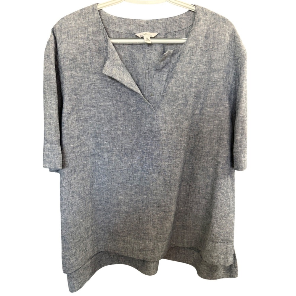 L.L. Bean Signature Linen Blend‎ Blouse XLP  Blue Summer Coastal Resort Popover
